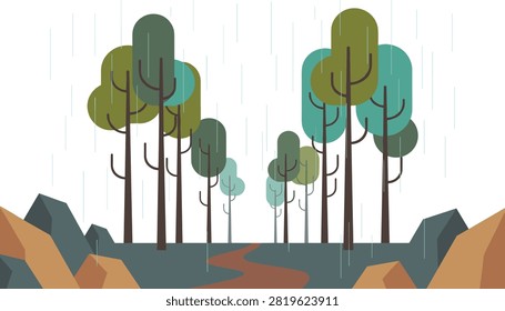 Heavy rain falls over a peaceful forest landscape featuring a winding path between tall trees and large rocks.