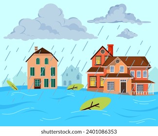 Heavy rain and flooded houses vector illustration. Weather, flood, disaster, climate change concept