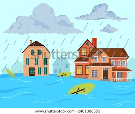 Heavy rain and flooded houses vector illustration. Weather, flood, disaster, climate change concept