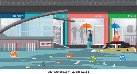 Heavy rain flooded the subway station.Citizens walk in muddy water on the flooded street, city flood conceptual vector illustration.