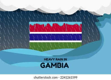 Heavy rain in Gambia banner, rainy day and winter concept, cold weather in Gambia, flood and precipitation, flag with sea waves and raindrops, hurricane disaster or storm idea