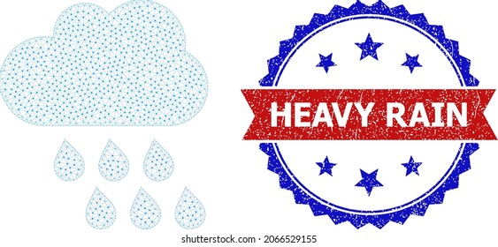 Heavy Rain grunge seal imitation, and rain cloud icon triangular model. Red and blue bicolor seal has Heavy Rain caption inside ribbon and rosette. Abstract 2d mesh rain cloud,