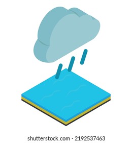 Heavy rain icon isometric vector. Dark cloud with raindrop above water surface. Bad weather, rainy season, flood, natural disaster, strong atmospheric precipitation