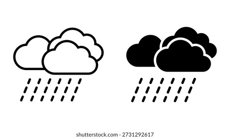 Heavy Rain icon set. Illustration of cloud with rain, black and white style. Symbol for weather forecast, isolated on white background. Simple graphic element.