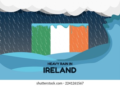 Heavy rain in Ireland banner, rainy day and winter concept, cold weather in Ireland, flood and precipitation, flag with sea waves and raindrops, hurricane disaster or storm idea