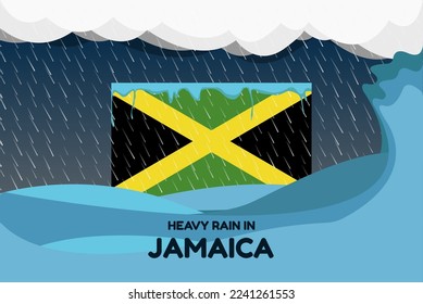 Heavy rain in Jamaica banner, rainy day and winter concept, cold weather in Jamaica, flood and precipitation, flag with sea waves and raindrops, hurricane disaster or storm idea