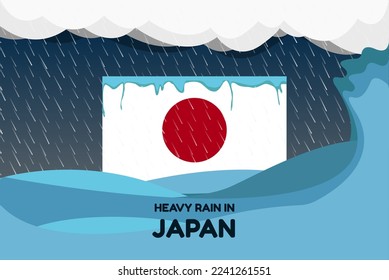 Heavy rain in Japan banner, rainy day and winter concept, cold weather in Japan, flood and precipitation, flag with sea waves and raindrops, hurricane disaster or storm idea