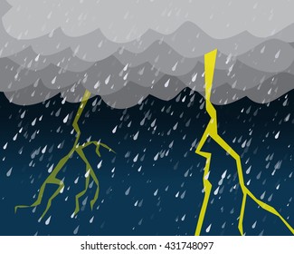 Heavy rain and lightening in dark sky, vector