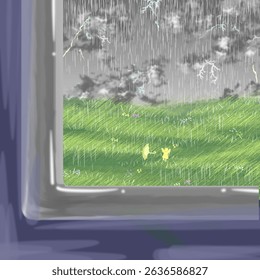 a heavy rain and lightning scene from behind a window, with a small child in a yellow raincoat standing in a green field beside a fallen umbrella.