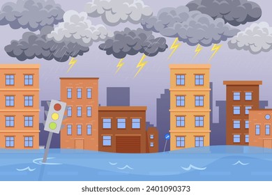 Heavy rain with lightnings vector illustration. Flooded blocks of flats in city. Weather, flood, disaster, climate change concept