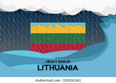 Heavy rain in Lithuania banner, rainy day and winter concept, cold weather in Lithuania, flood and precipitation, flag with sea waves and raindrops, hurricane disaster or storm idea