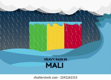 Heavy rain in Mali banner, rainy day and winter concept, cold weather in Mali, flood and precipitation, flag with sea waves and raindrops, hurricane disaster or storm idea
