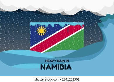 Heavy rain in Namibia banner, rainy day and winter concept, cold weather in Namibia, flood and precipitation, flag with sea waves and raindrops, hurricane disaster or storm idea