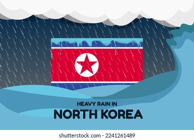 Heavy rain in North Korea banner, rainy day and winter concept, cold weather in North Korea, flood and precipitation, flag with sea waves and raindrops, hurricane disaster or storm idea