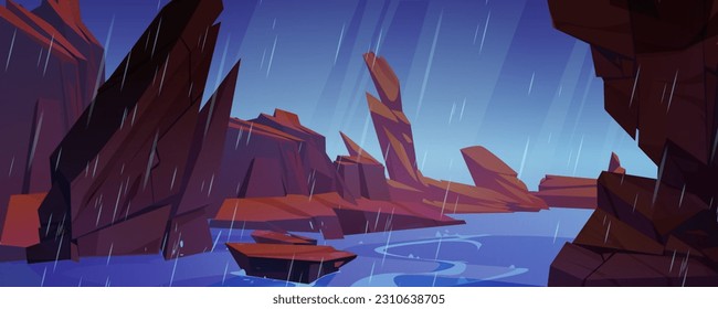 Heavy rain pouring over rocky canyon river. Vector cartoon illustration of mountain landscape, water flowing between dangerous stone cliffs, flooding after rainfall, grey sky view from ancient cave