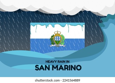 Heavy rain in San Marino banner, rainy day and winter concept, cold weather in San Marino, flood and precipitation, flag with sea waves and raindrops, hurricane disaster or storm idea