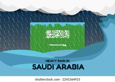Heavy rain in Saudi Arabia banner, rainy day and winter concept, cold weather in Saudi Arabia, flood and precipitation, flag with sea waves and raindrops, hurricane disaster or storm idea