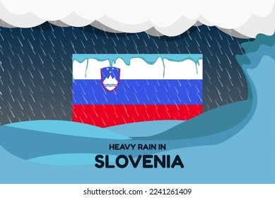 Heavy rain in Slovenia banner, rainy day and winter concept, cold weather in Slovenia, flood and precipitation, flag with sea waves and raindrops, hurricane disaster or storm idea