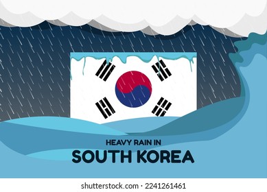 Heavy rain in South Korea banner, rainy day and winter concept, cold weather in South Korea, flood and precipitation, flag with sea waves and raindrops, hurricane disaster or storm idea