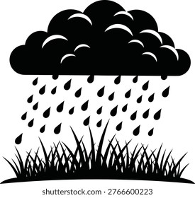 Heavy rain, storm cloud, falling water drops, grass, nature, weather element.