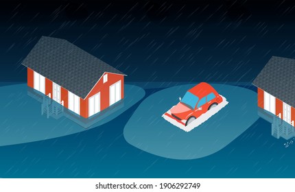 Heavy rain and storm.The houses and the car are in the water. Unforeseen situation. Car accident insurance, force majeure. Flooding water in city. Cartoon style.Stock vector illustration.