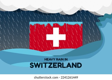 Banner de la lluvia torrencial en Suiza, concepto de días lluviosos e invierno, clima frío en Suiza, inundaciones y precipitaciones, bandera con olas de mar y gotas de lluvia, desastre de huracanes o idea de tormenta