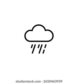 Símbolo de chuva pesada com nuvens e gotas de chuva de linha dupla. Ícone monolítico minimalista para previsão de tempo de tempestade ou chuva. Isolado no fundo branco.