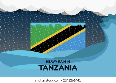Heavy rain in Tanzania banner, rainy day and winter concept, cold weather in Tanzania, flood and precipitation, flag with sea waves and raindrops, hurricane disaster or storm idea