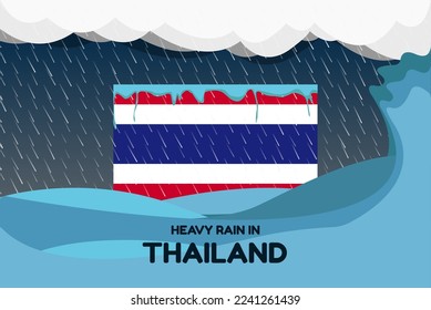 Heavy rain in Thailand banner, rainy day and winter concept, cold weather in Thailand, flood and precipitation, flag with sea waves and raindrops, hurricane disaster or storm idea