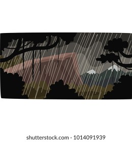 Heavy rain in tropical jungle, greenwood background with leaves, bushes and trees, tropical rainforest scenery vector illustration