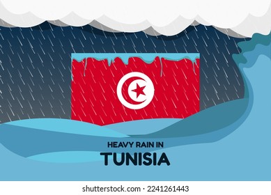 Heavy rain in Tunisia banner, rainy day and winter concept, cold weather in Tunisia, flood and precipitation, flag with sea waves and raindrops, hurricane disaster or storm idea