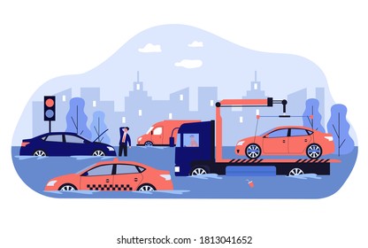 Heavy rain and water flood damaging cars, road and city traffic. Tow truck carrying broken vehicle. Vector illustration for spring storm, rainy weather, hurricane, disaster concept