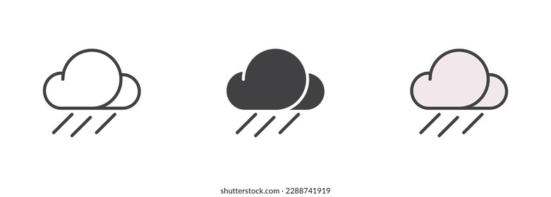 Heavy rain weather different style icon set. Line, glyph and filled outline colorful version, Cloud with rain outline and filled vector sign. Symbol, logo illustration. Vector graphics