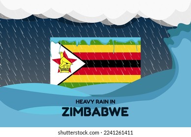 Heavy rain in Zimbabwe banner, rainy day and winter concept, cold weather in Zimbabwe, flood and precipitation, flag with sea waves and raindrops, hurricane disaster or storm idea