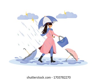 Heavy rainfall flat color vector faceless character. Seasonal thunderstorm. Woman in raincoat with umbrella. Puddles outdoor from storm. Bad autumn weather isolated cartoon illustration