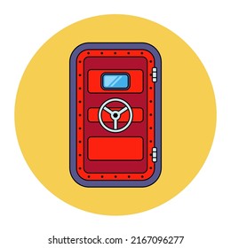 heavy red bunker door. hide in a bomb shelter. flat vector illustration.