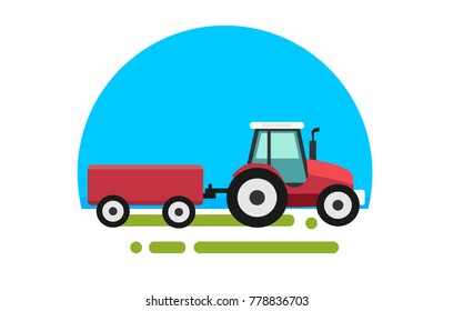 Heavy red tractor with trailer in a flat style isolated. Agricultural transport for farm. Heavy agricultural machinery for field work. Tractor icon. Vector illustration.