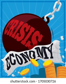 Heavy red wrecking ball blowing away some coins and tearing a squared paper, symbolizing the upcoming economic crisis.