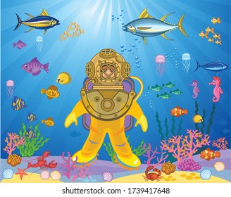 heavy retro diving dress or pressure suit with metal helmet and air bubbles around
