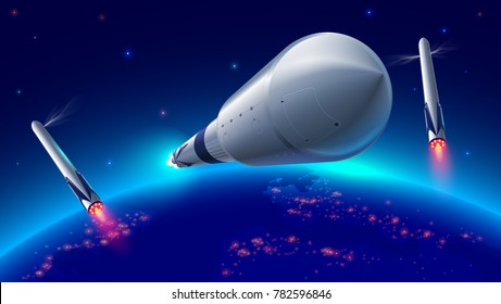 heavy reusable launch rockets into space. Heavy rocket separation stages. Reusable stage rocket return to earth. The spaceship comes on to the earth's orbit. Falcon. USA reusable rocket in space