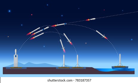 Heavy reusable rocket carrier of USA. Falcon in space. Launch, separation stage, landing. Vector flight scheme. Infographic flight illustration. 