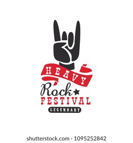 Heavy Rock festival logo, design element with Rock and Roll hand gesture can be used for poster, banner, flyer, print or stamp vector Illustration on a white background