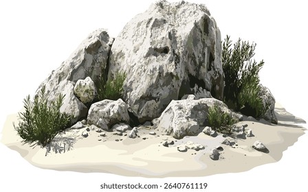 Heavy rock landscaping vector cutout on sandy beach ground, coastal stones, beach terrain background, rocky formations, nature textures, sand and rocks, coastal landscape