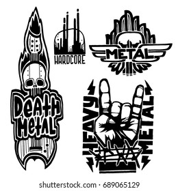 Heavy rock music badge vector vintage labels with punk skull symbols hard sound sticker print emblem illustration