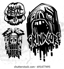 Heavy rock music badge vector vintage labels with punk skull symbols hard sound sticker print emblem illustration
