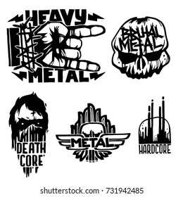 Heavy rock music badge vector vintage labels with punk skull symbols hard sound sticker print emblem illustration