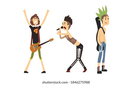 Heavy Rock Musicians, Funny Rock Stars Characters, Rock Band Performing on Festival Cartoon Style Vector Illustration