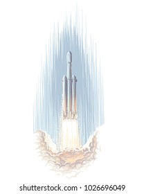 Heavy Rocket Flying Above The Clouds Illustration. Vector.