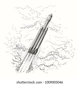 Heavy Rocket Flying among the clouds hand drawn illustration. Vector. 