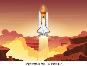 Heavy rocket launch. Vector flat illustration.
